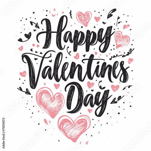 Happy Valentines Day handwritten black calligraphy text on a white background with pink hearts