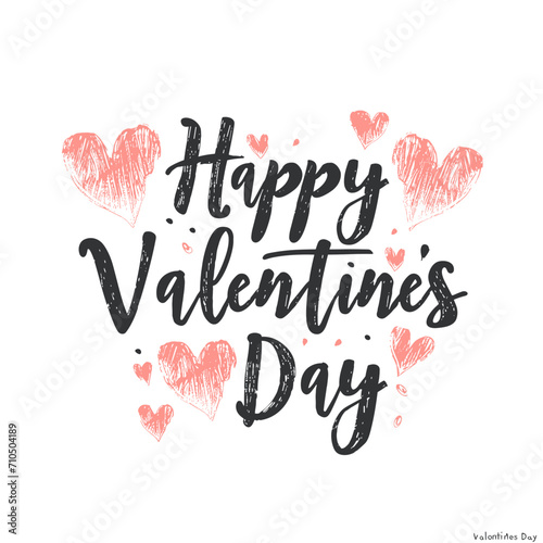 Happy Valentines Day handwritten black calligraphy text on a white background with pink hearts