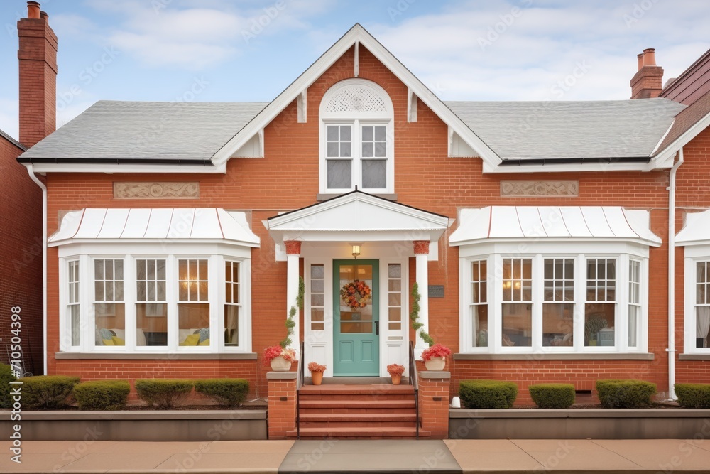 red brick colonial house, white central door, bay windows