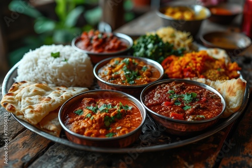 Indian dish with chicken curry, rice, naan bread and snacks. Indian cuisine.