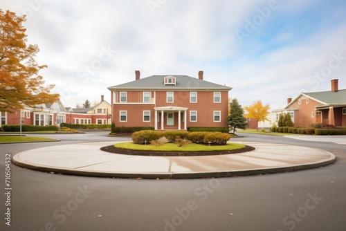 multistory colonial brick house with circular driveway photo