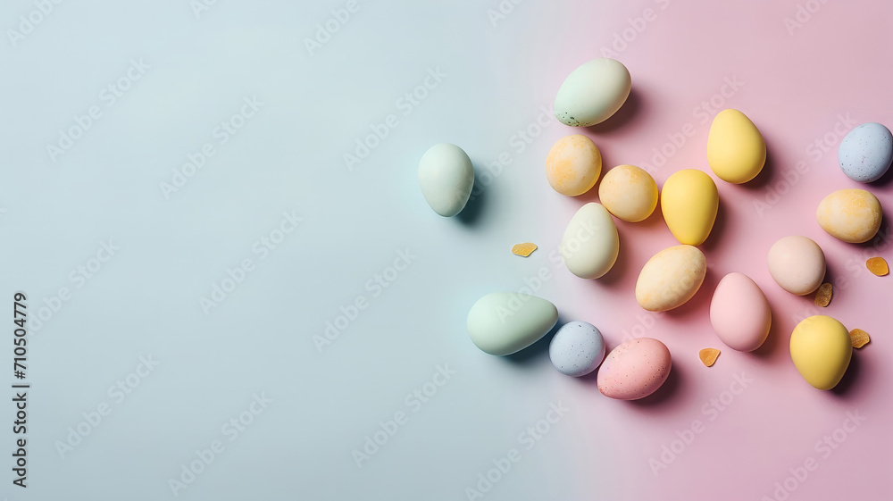 Easter composition. Easter eggs, flowers, paper blank on a pastel background. generative ai. Easter composition. Easter eggs, flowers, paper blank on a pastel background. generative ai.