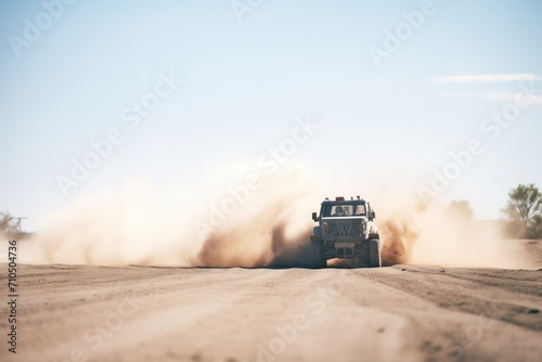 offroad vehicle kicking up dust in arid terrain
