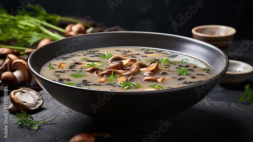 Mushroom Soup in black bowl on light stone table.