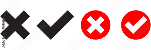 Check Mark and Cross in both Black and with a red circle.  Positive or negatve, yes or no icon concept.  Isolated tick and cross set.  Modern design