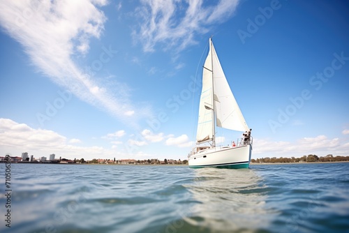 wideangle of a yacht sailing near coastline photo