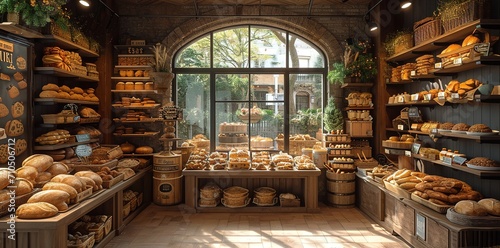a bakery with shelves of bread and various types of baked goods, in the style of unreal engine 5, opacity and translucency photo