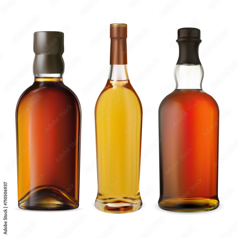 Brandy bottle set. Realistic brown whiskey bottles design, vector illustration. Alcohol drink product packaging for advertising brand, label and logo. Stylish collection, variety template mockup