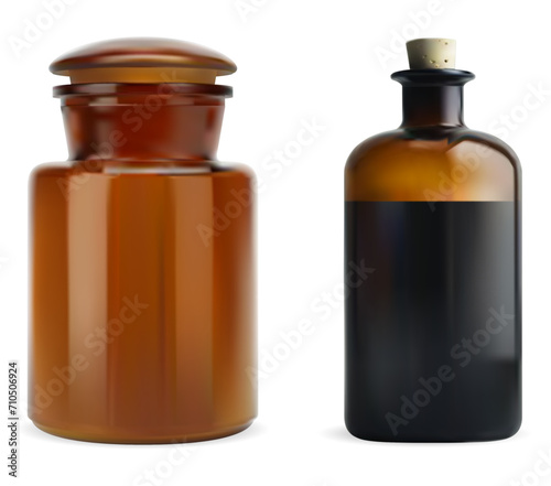 Vintage medicine bottle. Old brown glass antique vial. Chemistry solution flask blank from chemical laboratory. Cork stopper amber glass bottle for poison, medical liquid treatment