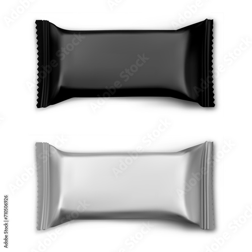Chocolate bar mockup. Biscuit snack wrapper blank. Foil pouch for candy, energy bar polyethylene pack template for logo and brand advertising and promotion. Silver metallic blank
