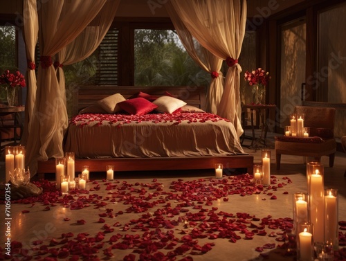 A bed adorned with rose petals, creating romantic vibrations for Valentine's Day,