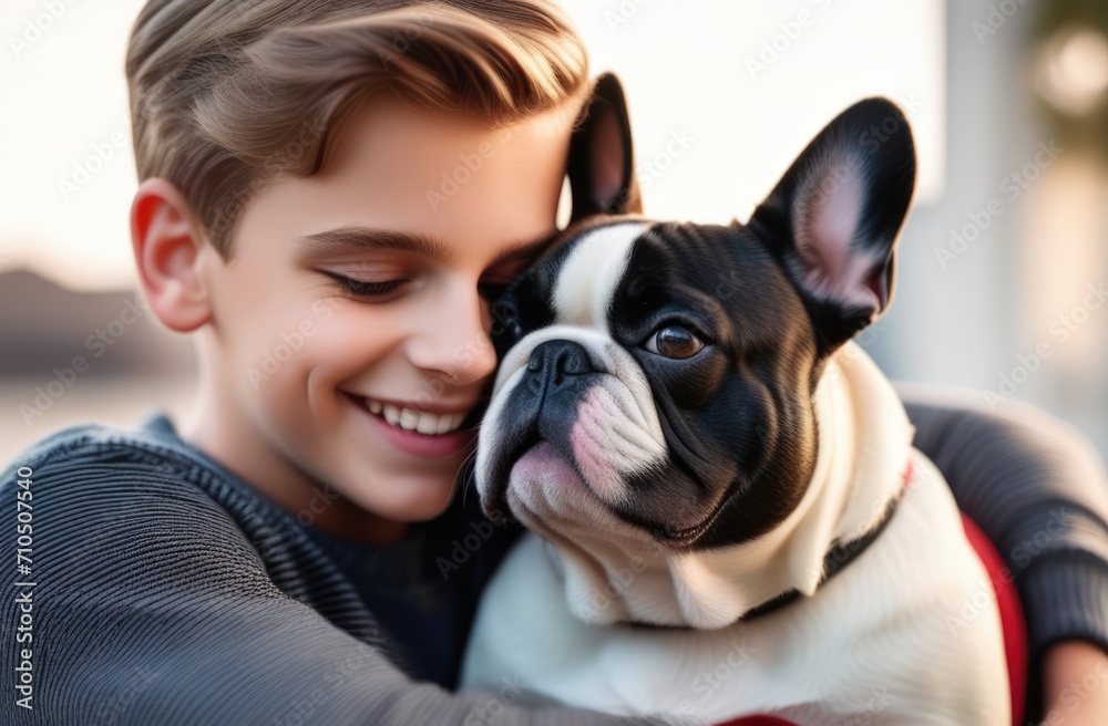 A boy smiling while gently hugging a French Bulldog, epitomizing friendliness and love for pets. Care and responsibility for the pet. Dog and human are best friends, a child's dream of a pet