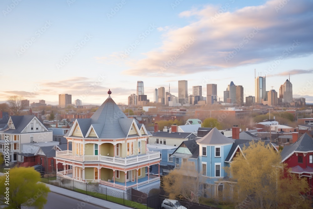 victorian homes with city skyline in the background