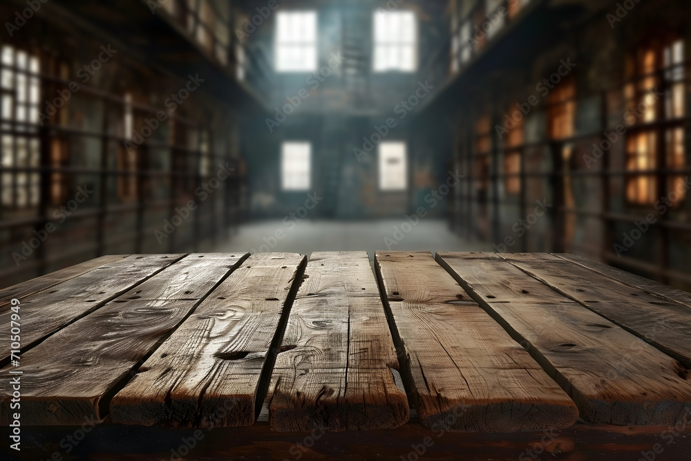 Empty Wooden Tabletop with Blurry Prison Background - obrazy, fototapety, plakaty 