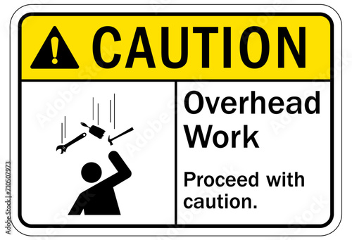 Men working above warning sign and labels