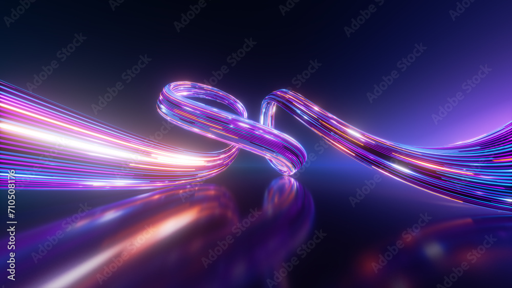 3d render. Abstract fantastic neon background. Colorful speedway lines. Glowing energy stream, power jet, curvy ribbon - obrazy, fototapety, plakaty 