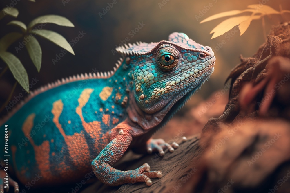 Fototapeta premium Tropical Elegance: Iguana Perched on a Branch, Basking in Sunlight. A Majestic Reptilian Moment, Perfect for Injecting Exotic Serenity