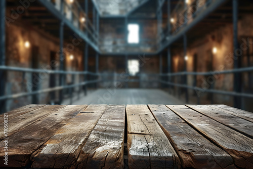 Empty Table with Prison Background in the Blur, Justice System Scene © ITrWorks