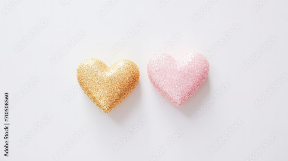 Aesthetic white and gold hearts on light background. Minimalist love concept. Copy space. Generative AI Aesthetic white and gold hearts on light background. Minimalist love concept. Copy space. Generative AI