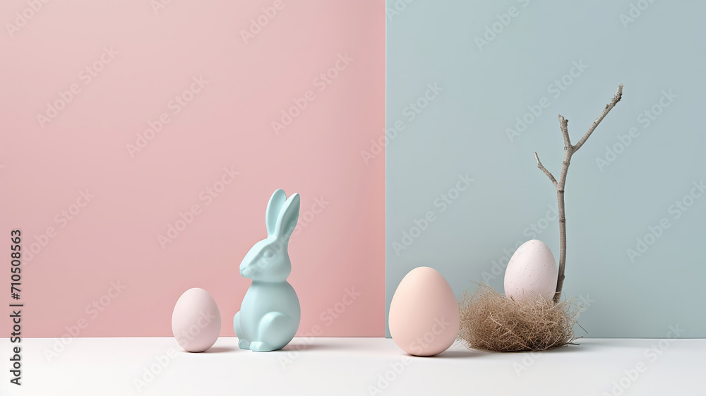 easter composition, easter eggs, a figurine of a rabbit and a vase on the table in pastel colors. Minimalistic easter composition. generative ai - obrazy, fototapety, plakaty 