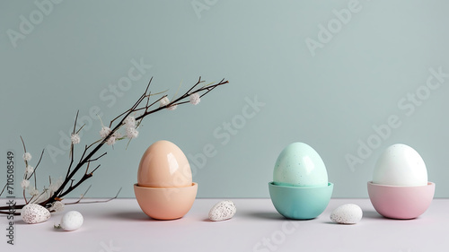 easter composition, easter eggs, a figurine of a rabbit and a vase on the table in pastel colors. Minimalistic easter composition. generative ai photo