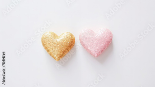 Aesthetic white and gold hearts on light background. Minimalist love concept. Copy space. Generative AI