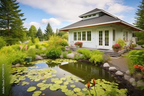 cottage nestled in lush greenery with a pond nearby