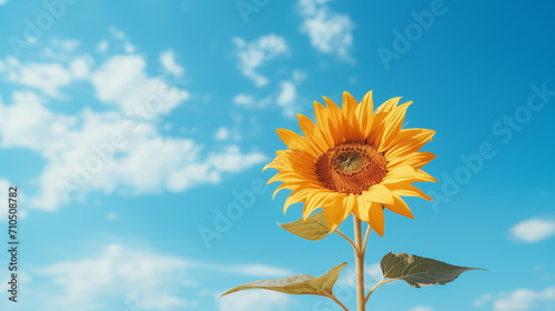 Close up sunflower with blurred blue sky background. Sunflower blooming. Generated AI