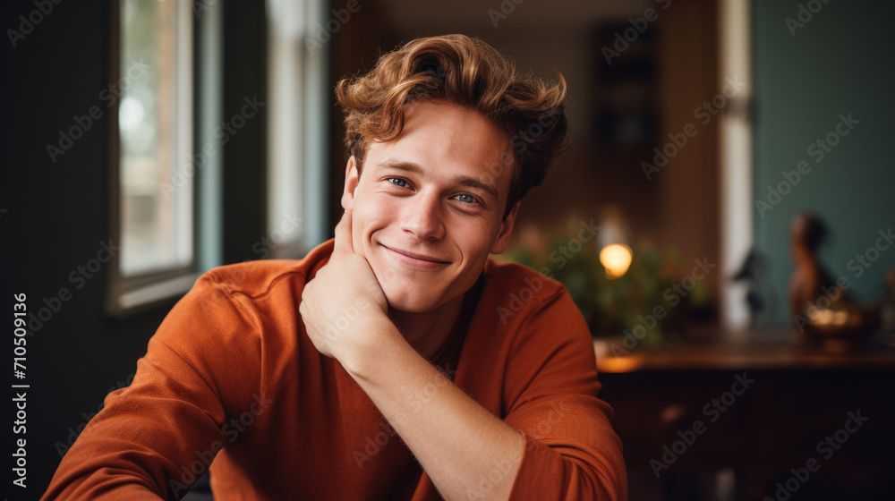 Portrait of a smiling man with curly hair wearing a rust-colored sweater, looking directly at the camera, with a warm and friendly expression Portrait of a smiling man with curly hair wearing a rust-colored sweater, looking directly at the camera, with a warm and friendly expression