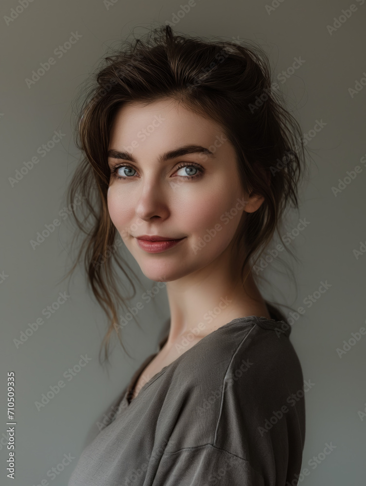 Head portrait of an expressive woman. Gray background. Head portrait of an expressive woman. Gray background.