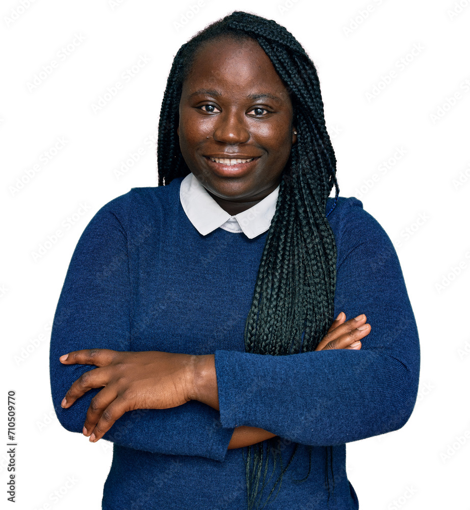 Young black woman with braids wearing casual clothes happy face smiling with crossed arms looking at the camera. positive person. Young black woman with braids wearing casual clothes happy face smiling with crossed arms looking at the camera. positive person.