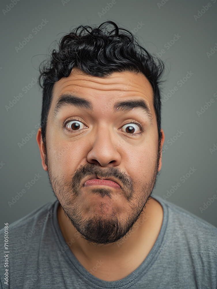 Obraz premium Head portrait of an expressive man. Gray background. 