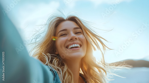 Happy blonde woman, taking selfie shot, motivation and wellness, peace and hope. Smile female, optimism , dream and success concepts