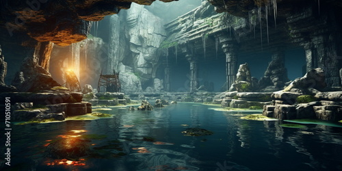 cave with water and ancient structures