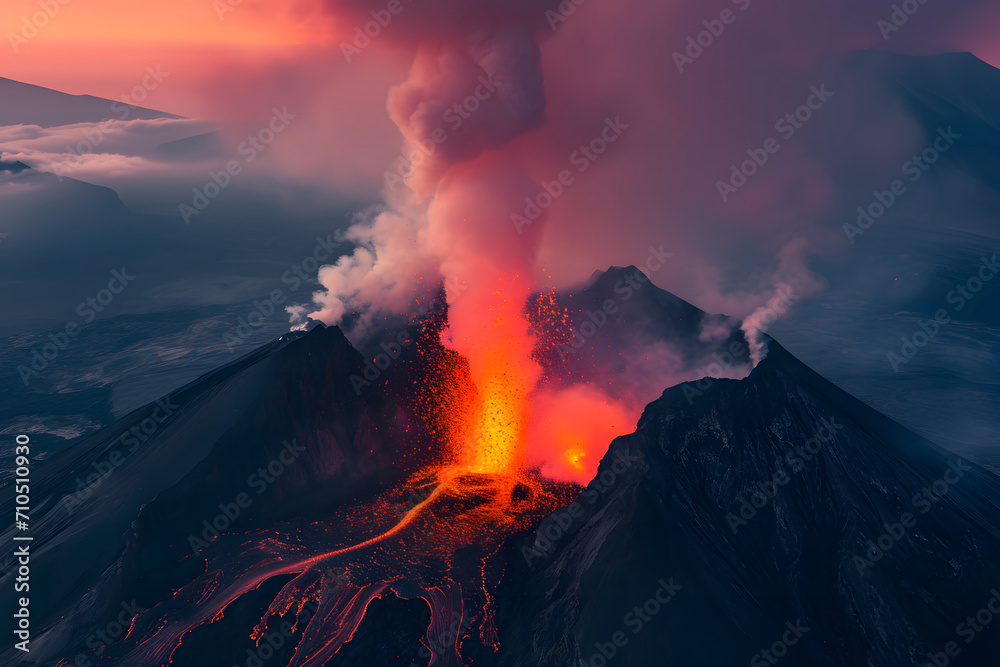 Volcano eruption with smoke and fire, inferno on the earth, apocalyptic landscape