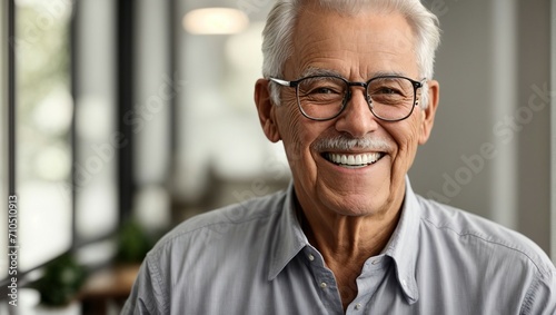 A closeup photo portrait of an elderly model man with short  balding grey hair and reading glasses  laughing and smiling with clean teeth  radiating warmth and joy