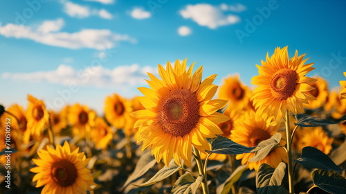 Field of sunflowers against blue summer sky. Generated AI