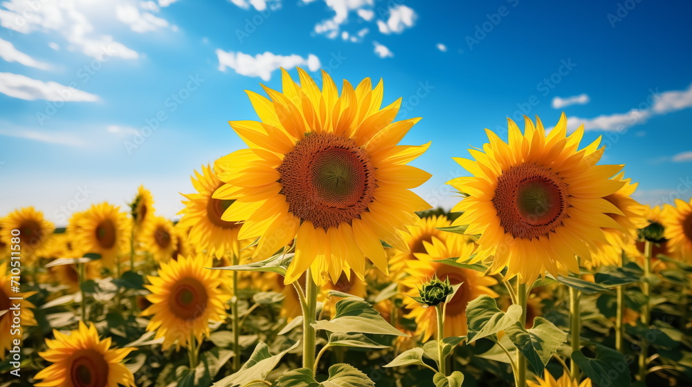 Field of sunflowers against blue summer sky. Generated AI Field of sunflowers against blue summer sky. Generated AI