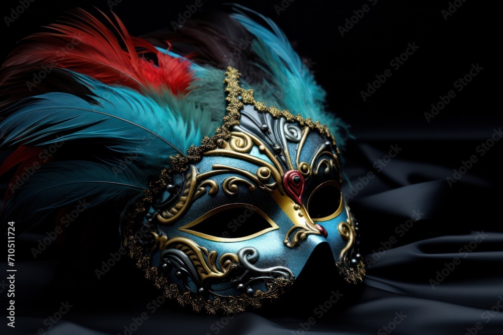 venetian carnival mask in red blue gold color palette isolated on black background copy space right. Carnival festival in Venice celebrated in February.