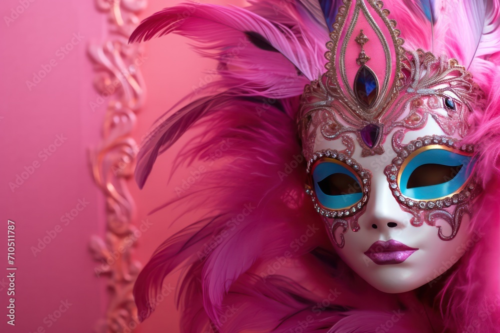 venetian carnival mask in pink color palette isolated on black background copy space right. Carnival festival in Venice celebrated in February.