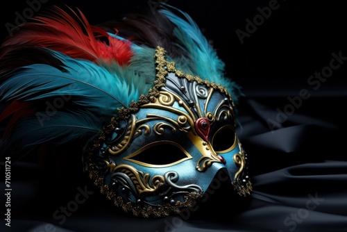 venetian carnival mask in red blue gold color palette isolated on black background copy space right. Carnival festival in Venice celebrated in February. © Dina