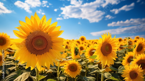 Field of sunflowers against blue summer sky. Generated AI