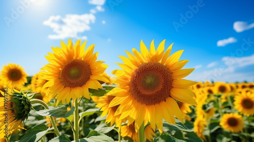 Field of sunflowers against blue summer sky. Generated AI