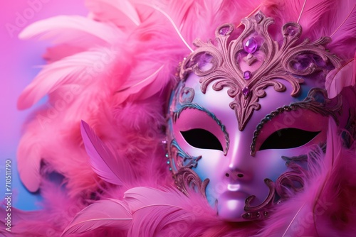 venetian carnival mask in pink color palette isolated on black background copy space right. Carnival festival in Venice celebrated in February.
