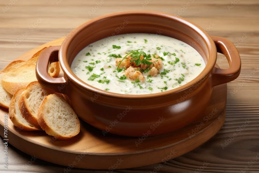 clam chowder dish at the restaurant in a bowl closeup
