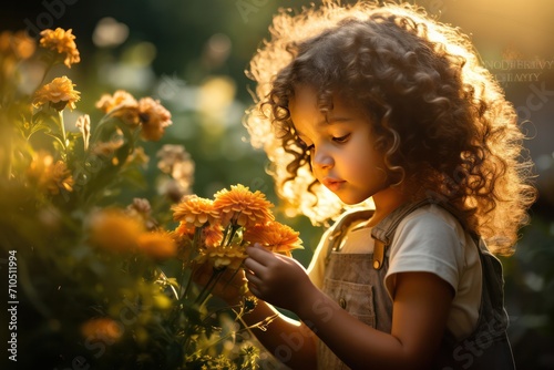 beautiful  diverse girl smelling pink rose in a garden in the morning light or at sunset. Sense of smell. Aromatic, enjoying the moment, stop and smell the roses. photo