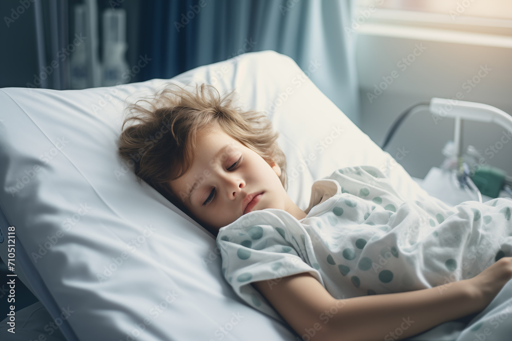 Fototapeta premium Cute small upset patient resting in hospital bed. Generative AI