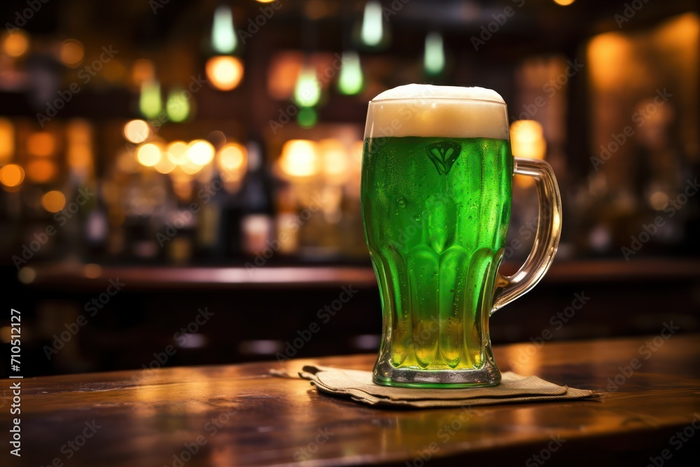 green beer on bar counter for irish St patricks Day celebration. Festive drinks.