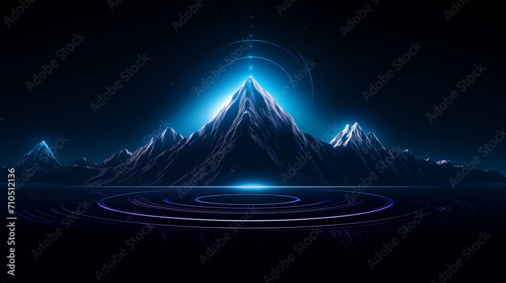 montanha iluminada por uma luz azul néon com circulos - obrazy, fototapety, plakaty 