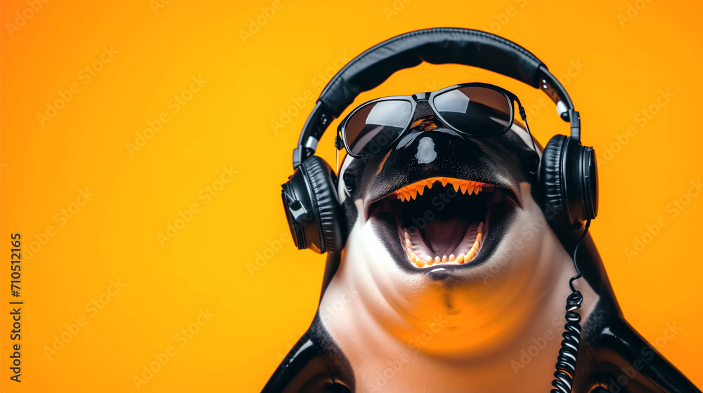 funny dj orca killer whale with headphones and sunglasses on yellow background funny dj orca killer whale with headphones and sunglasses on yellow background